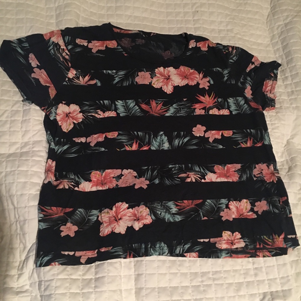 Tropical floral with black stripes loose tee